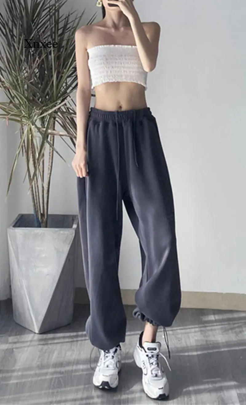 

2021 Autumn and Winter Women's Warm Loose Gray Sports Pants Fashion Thickened Velvet Wide Leg Pants Elastic Band