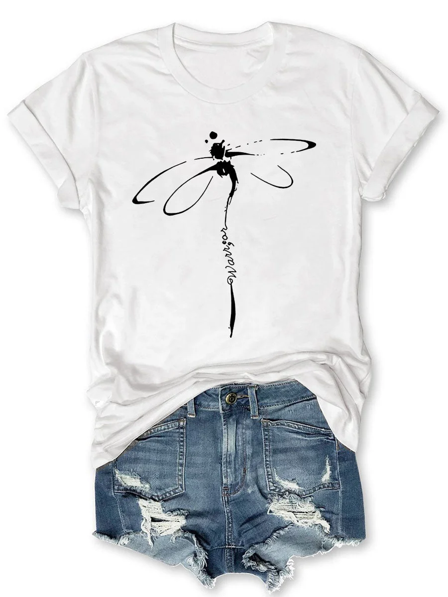 

2024 New Hot Sale Fashion Outdoor Trip Female T-shirt Art Cartoon Dragonfly Print Women Shirt Spring and Summer Comfort Girl Tee