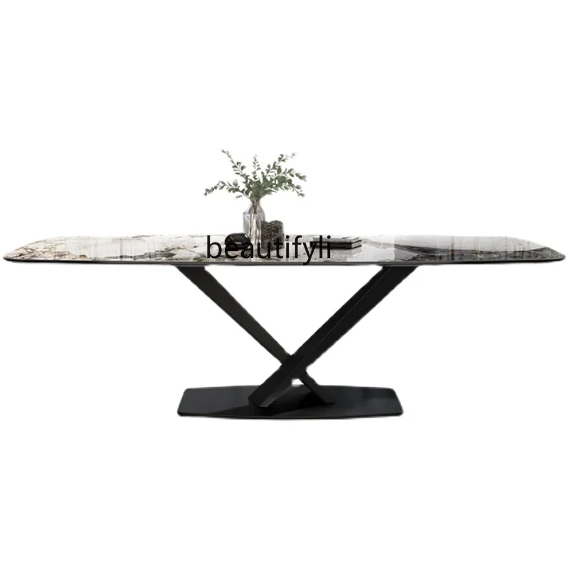 

Stone Plate Dining Table Rectangular Light Luxury Home Dining Table Bright Luxury Stone Creative Dining Tables and Chairs Set