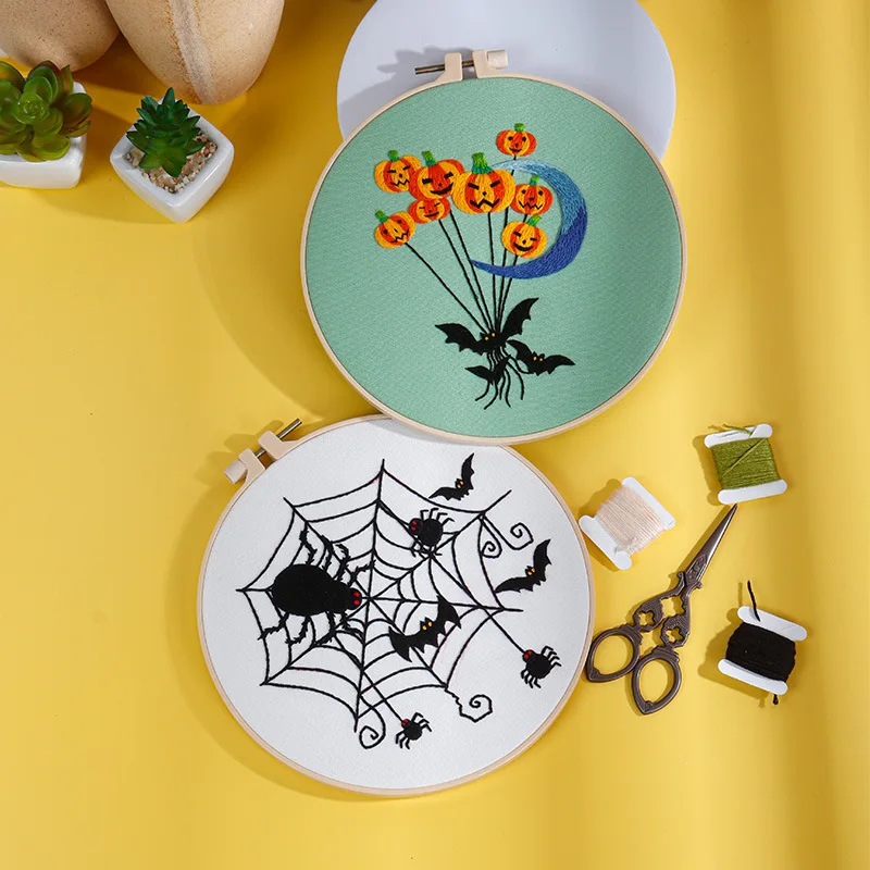Embroidery Starter Kit for Adult Beginner with Halloween Pumpkin Spider Castle Pattern Stamped Cross Stitch Set