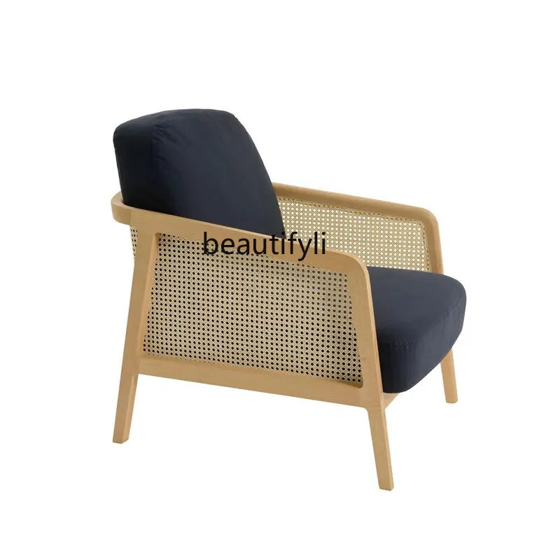 

Solid Wood Sofa Chair Balcony Rattan Single Leisure Chair Backrest Armchair