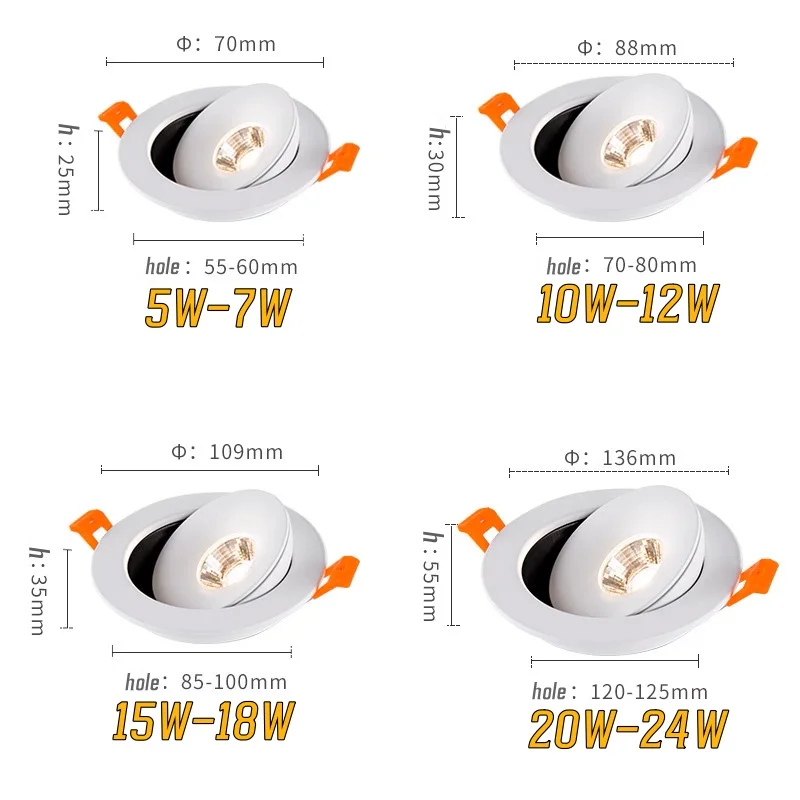 Recessed Anti-glare COB spotlights LED downlight 5W 12W 18W 24W 360&deg; rotation Dimmable Ceiling lamp AC85-265V Interior lighting led downlight recessed ceiling spotlight ceiling lamps