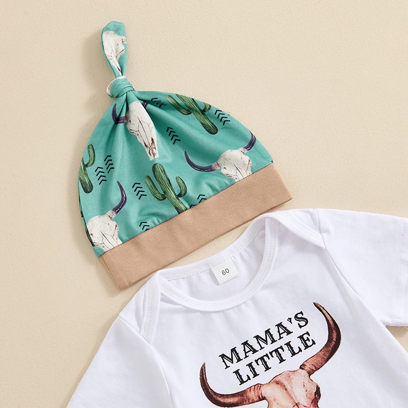 FOCUSNORM Newborn Baby Boys Western Clothes Sets 3pcs Outfit Short Sleeve Letter Cattle Head Print Romper Cactus Pants Hat