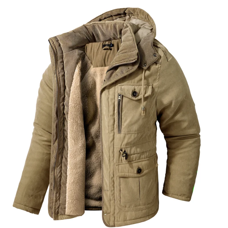

Winter Warm Jacket for Men Casual Thick Fleece Hooded Windproof Parkas Solid Color Loose Multi Pocket Mid Length Men Jacket