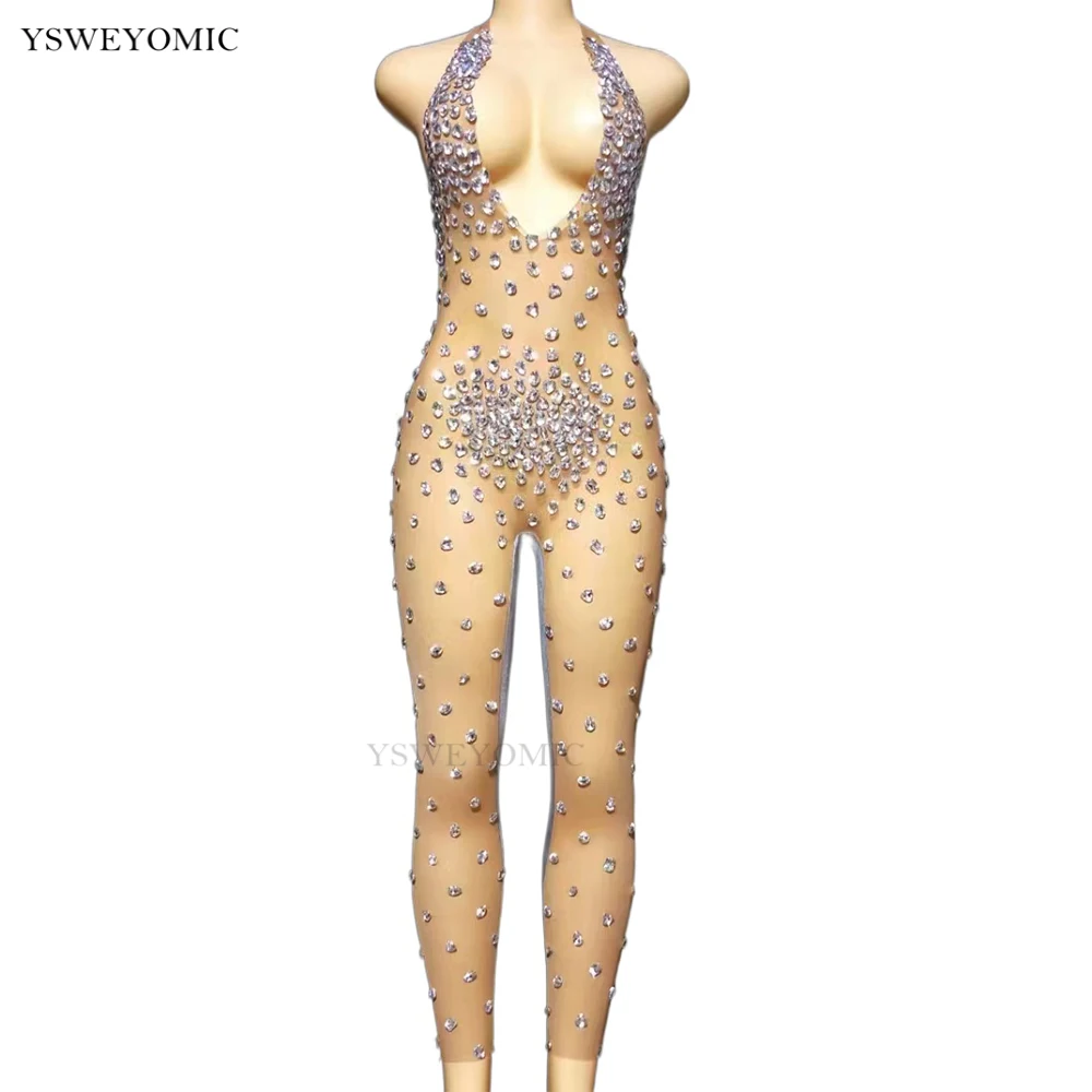 

2022 Sexy Big Stones Jumpsuit Dance Velvet Mesh Transparent Rompers Nightclub Bodysuit Costume Birthday prom Sleeveless Bodysuit