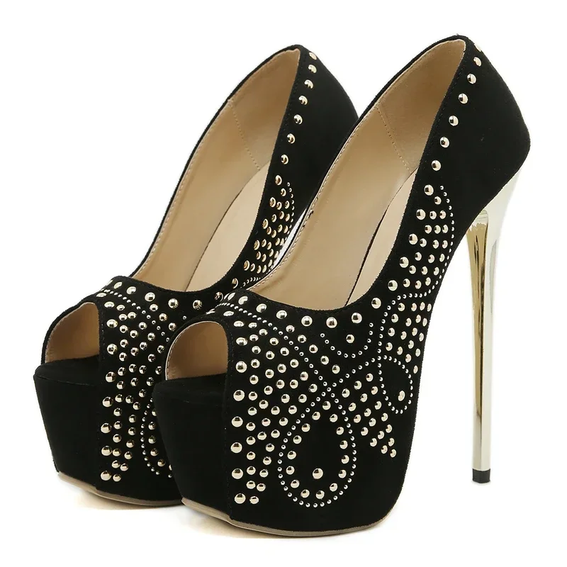 Black Rivet Design Ultra High Heel Women Pumps Sexy Peep Toe Thin High Heels Platform Stiletto High Heels Nightclub Dress Shoes 4 Black Rivet Design Ultra High Heel Women Pumps Sexy Peep Toe Thin High Heels Platform Stiletto High Heels Nightclub Dress Shoes - Image 4