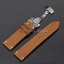 Elegant Cowhide Leather Watch Band with Butterfly Buckle - 22mm (Light Brown)