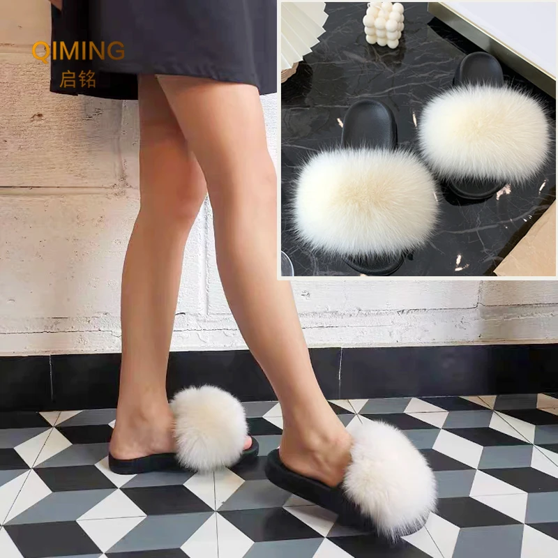 Summer Fur Slippers Raccoon Furry Real Fur Slides For Women Outdoor Plush Fluffy Cozy Open Toe Fuzzy Flip Flops Cute Sandals