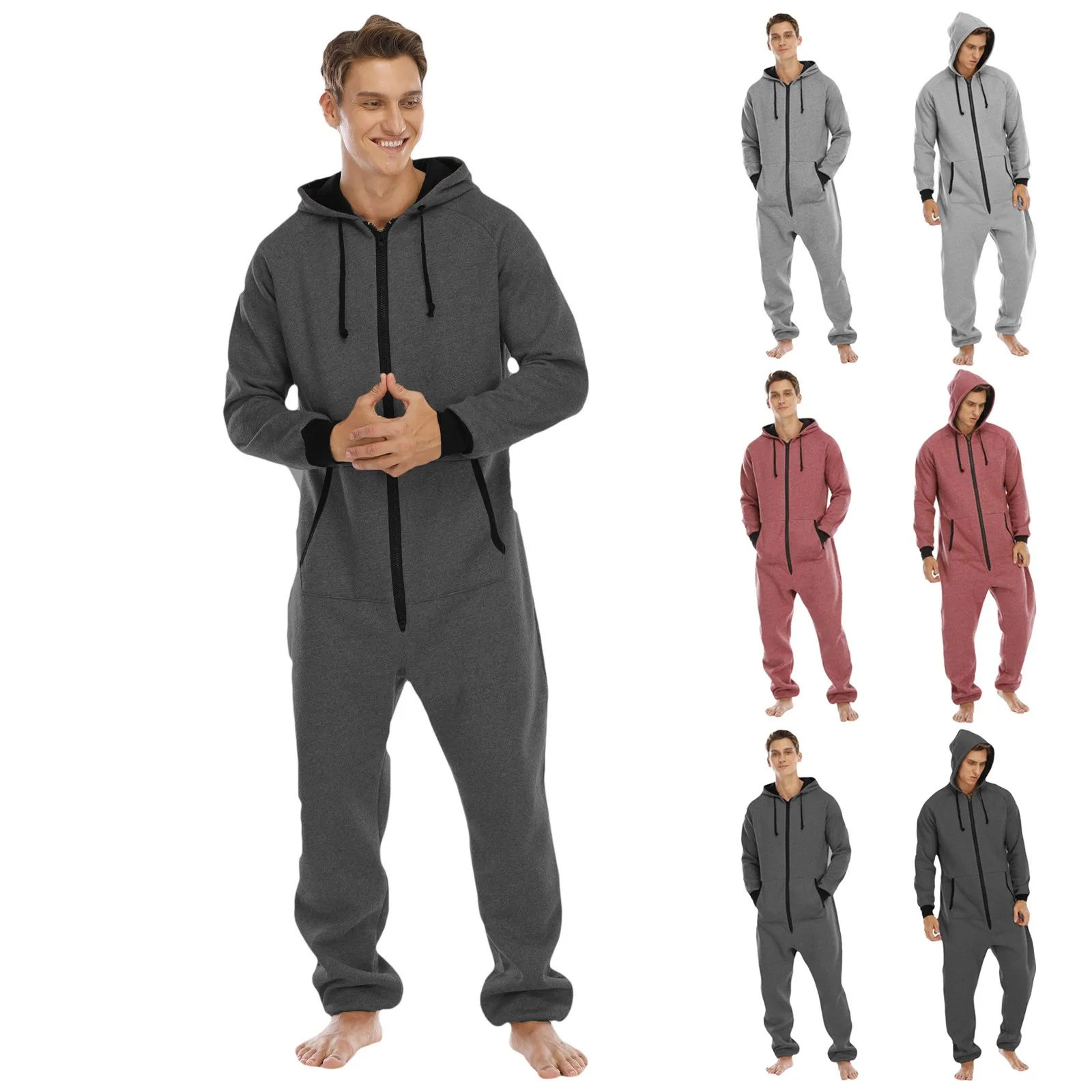 Men'S Solid Color Onesie Pijama Overseize Zipper V Neck Long Sleeve Hoodie Sleepwear Rompers Adult Warm Comfortable Homewear
