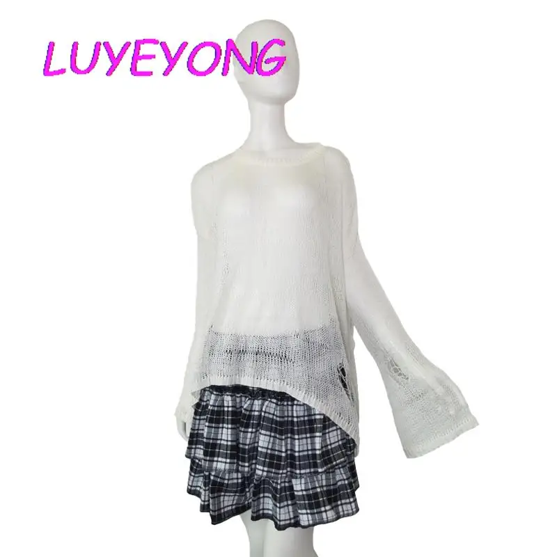 

Lady Black White O Neck Cool Knitted Streetwear Loose Hole Hipster Top Gothic Sexy Women Hollow Out Thin Pullover Sweater 2022