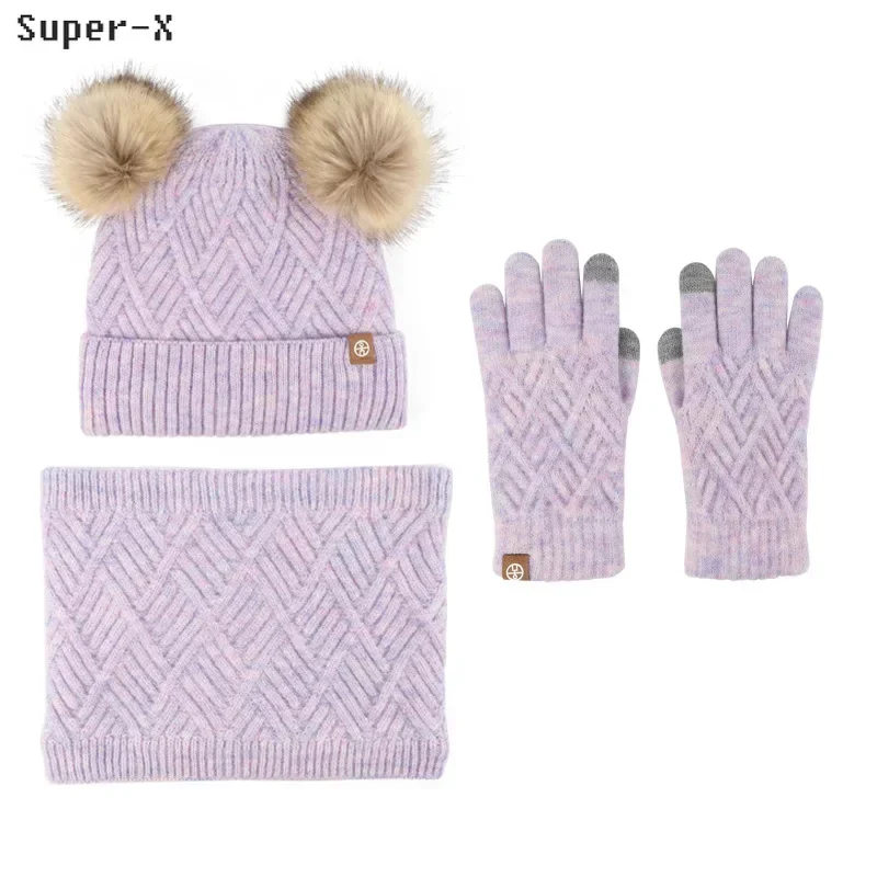 Set 3pcs Children Winter Beanies Scarf Gloves Cute Fur Pompoms Fleece Lining Boys Girls Kids Winter Warm Set Junior 5-12Years