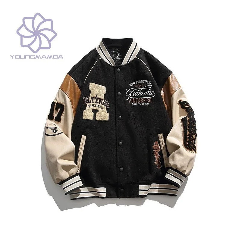 

American Trendy Baseball Jackets for Women 2023 Autumn Winter New Couple Bf Style Embroidered Loose Patchwork Coats