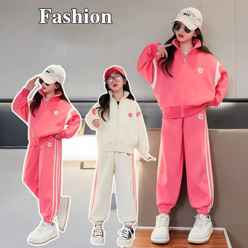 

Girls Cotton Alphabet Full Zip Sweat Jackets+Striped Sweatpant School Kids Tracksuit Child Jogging Outfit Workout Sets 5-16Years