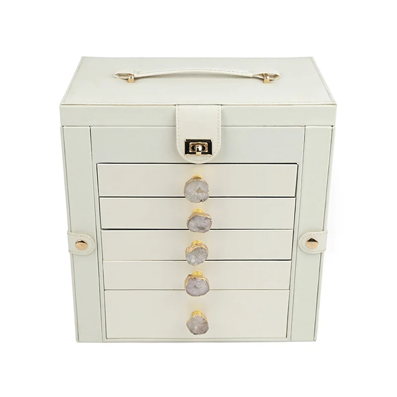 New Large Capacity 6 Layers Jewelry Box with Mirror Leather Earrings Rings Necklaces Jewelry Storage Box Organzers 5 Drawer Gift