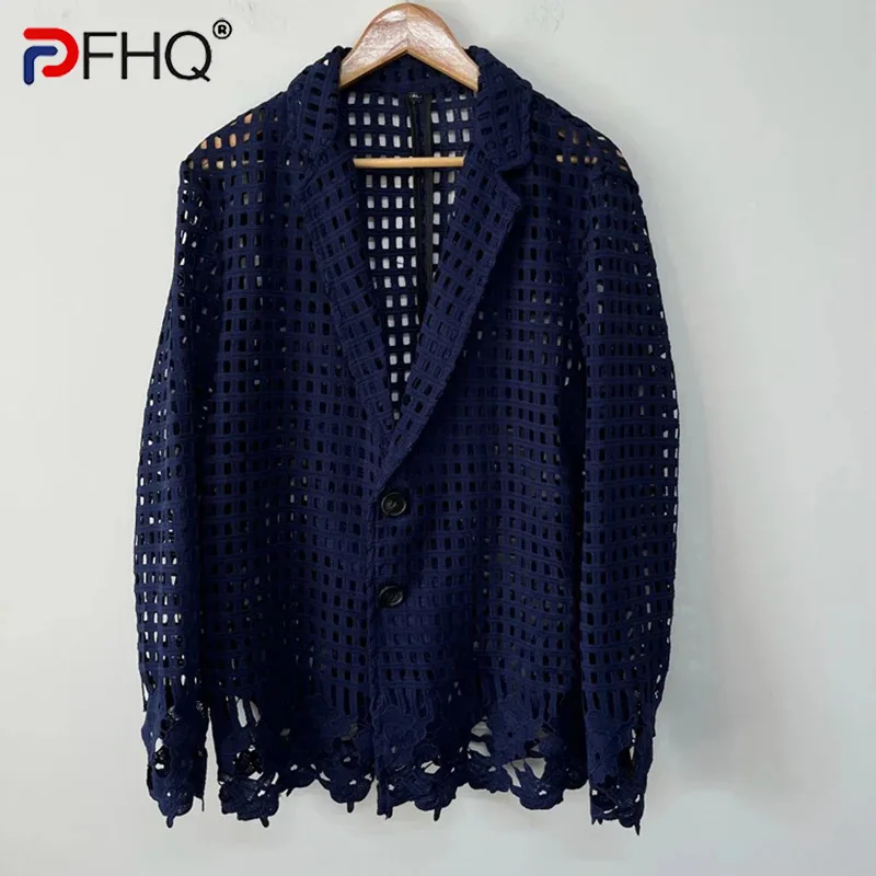 

PFHQ Summer Heavy Hollowed Out Design Suit Jackets Trendy Men's Solid Color Perspective Cool Handsome Leisure Blazers 21Z1916