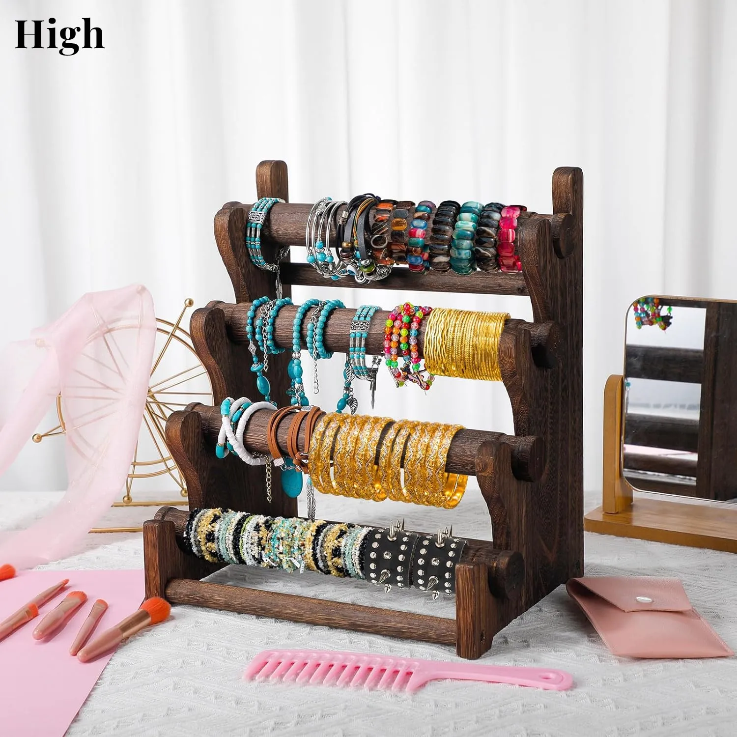 4 Tier Wooden Bracelet Holder Wood Jewelry Bracelet Display Stand Watch Necklace Scrunchie Bracelet Organizer Bracelet Storage