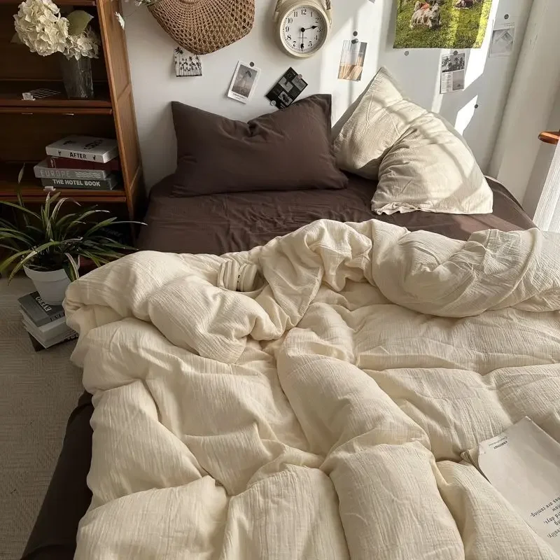 Bedding Set Ins Ambiance Blue Coffee Grid Mixed With Washed Cotton Minimalist Four Piece Set Fitted Sheets Duvet Cover 6