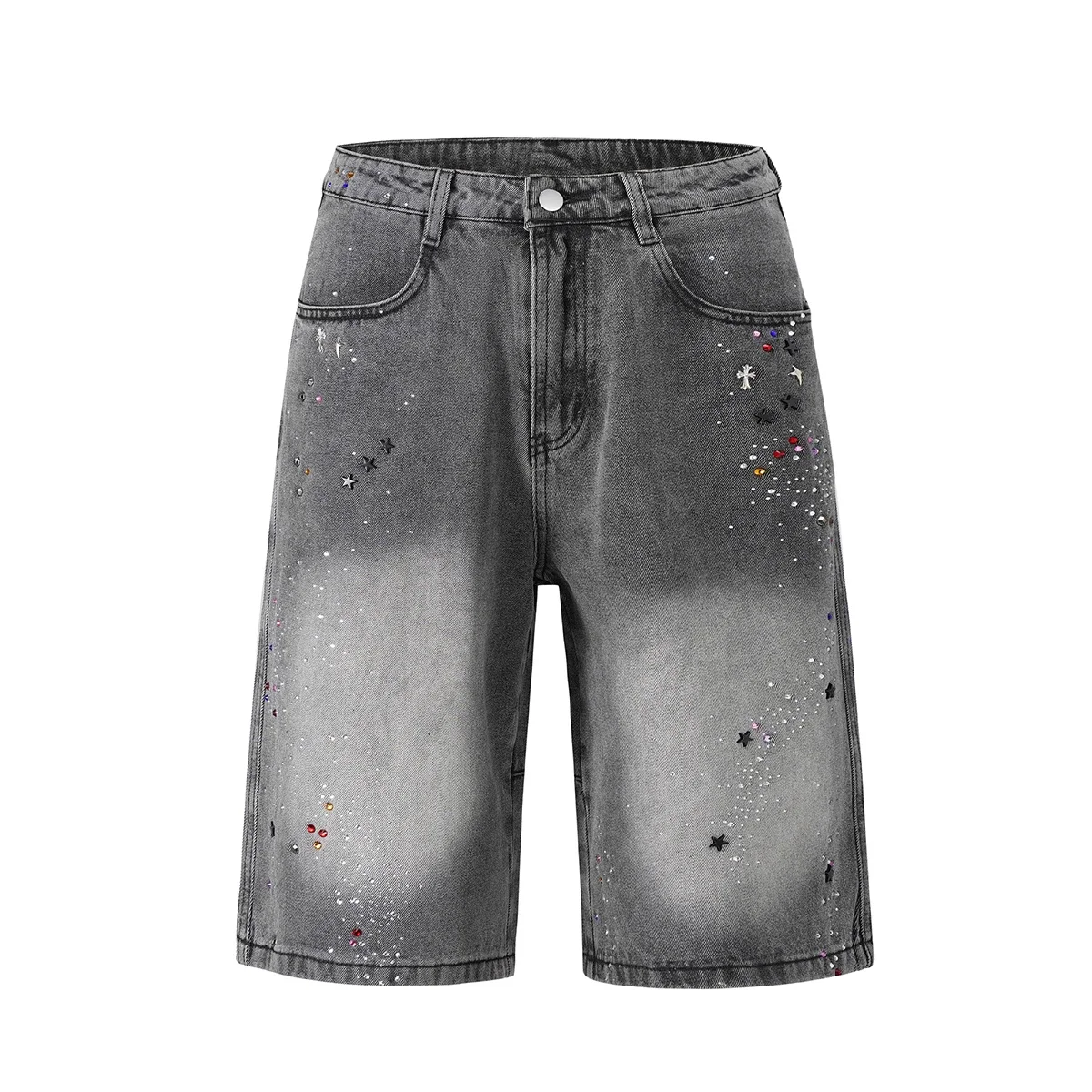 Vintage Color Rhinestone Print Washed Gray Baggy Jeans Shorts for Men Straight Casual Harajuku Loose Denim Trousers Oversized