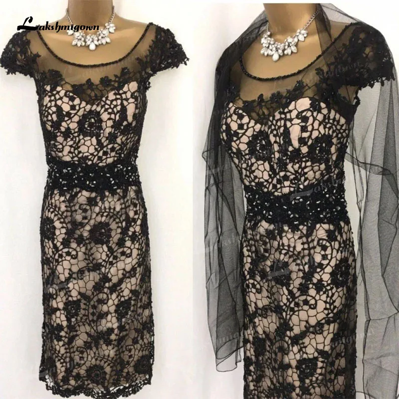 

Real Photos Sheath Mother of the Bride Dress Lace Black Backless Cap Sleeve Knee-Length Scoop Wedding Party Gown robe de soiree