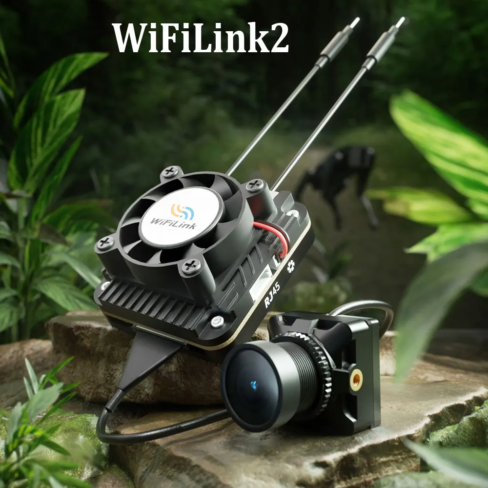 Boîtier de l'émetteur FPV numérique HD RunCam WiFiLink2 avec connecteurs et antennes pour drone FPV.