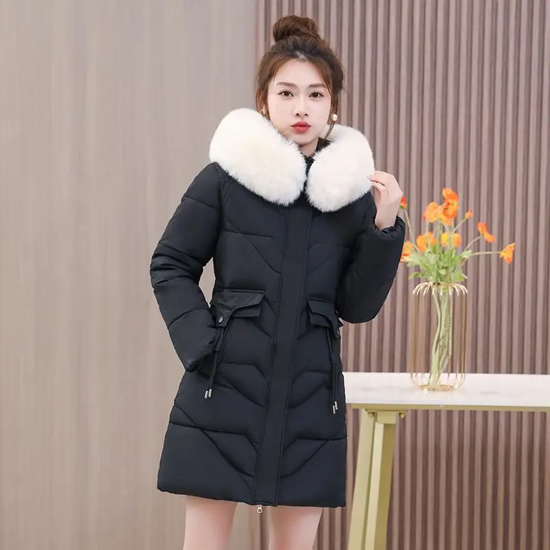 2023 New Women Down Cotton Coat Winter Jacket Female Mid Length Version Parkas Slim Fit Outwear Fur Collar Leisure Time Overcoat