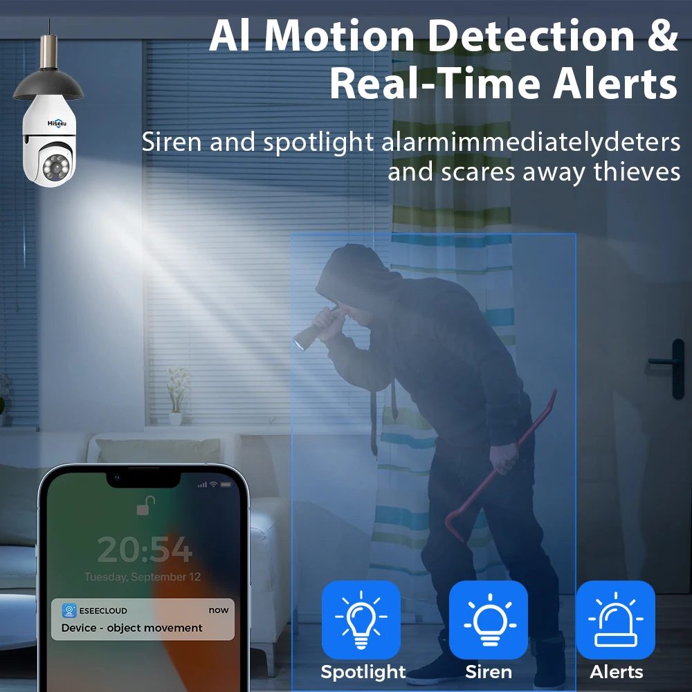 Hiseeu 3MP واي فاي PTZ IP كاميرا E27 ضوء لمبة كامي...