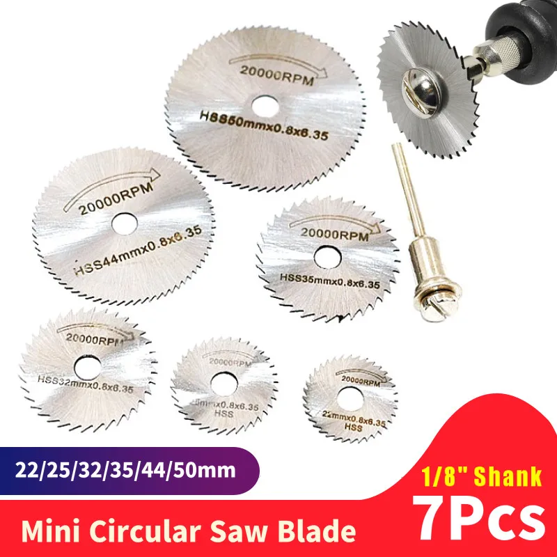 7pcs Mini Circular Saw Blade Set High Speed Steel Cutting Disc 1/8 Shank Dremel Rotary Tool Accessories for Wood Aluminium Cut