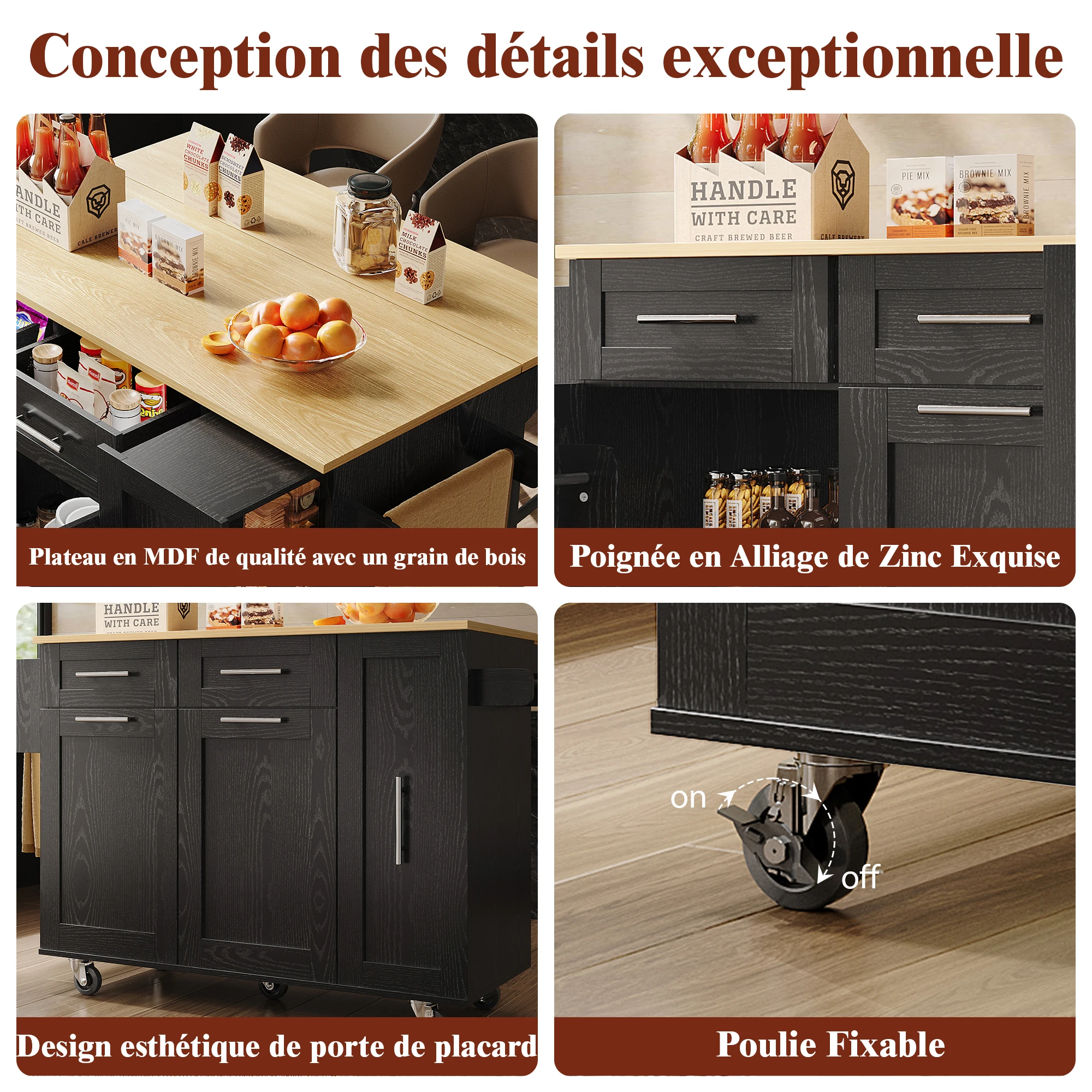 Moderne Kücheninsel, Küchenschrank, Sideboard, Servierwagen mit Holzmaserung, multifunktionaler Esstisch mit Stauraum – Detail 9