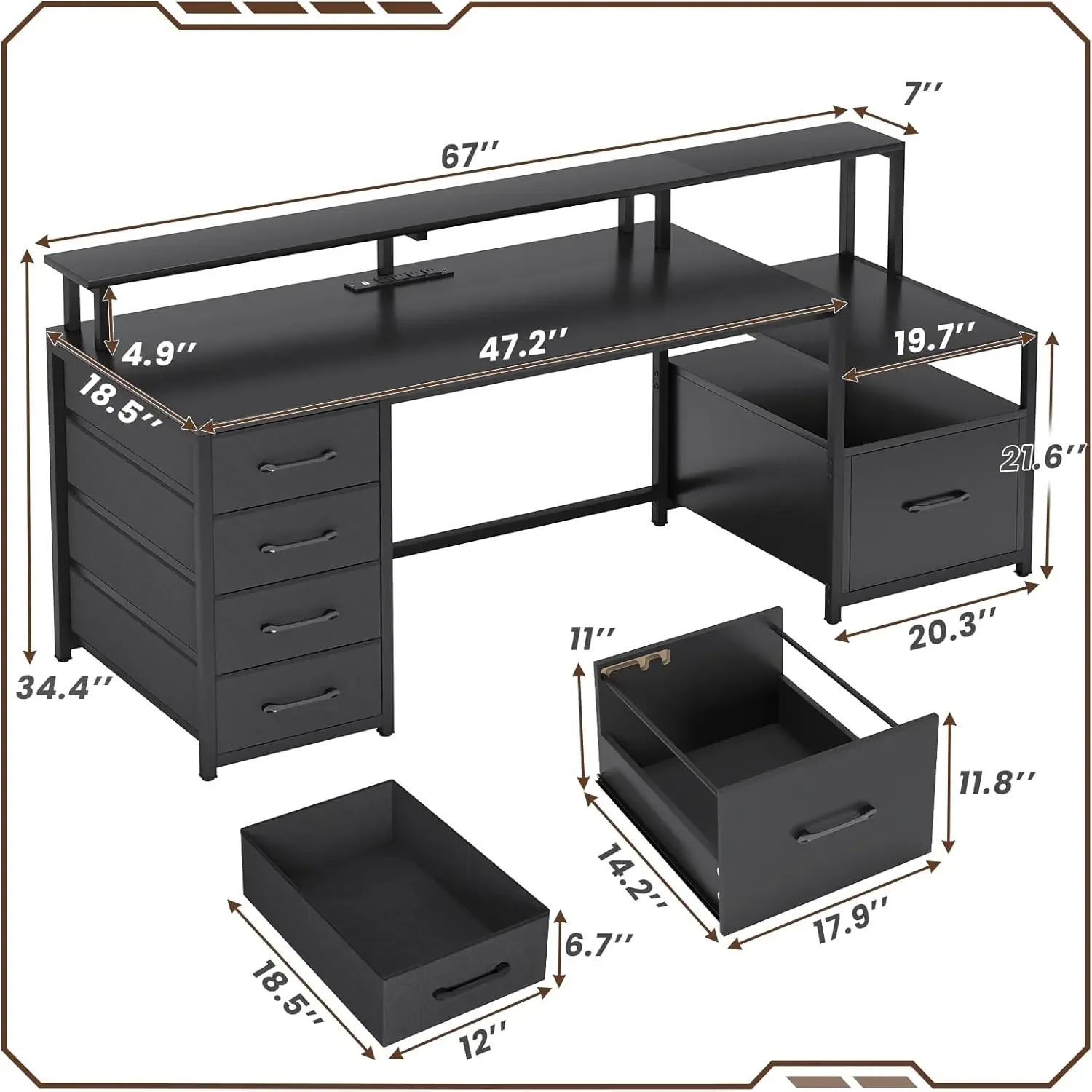 Computer Desk with 5 Drawer Power Outlet & Led Lights 66'' Home Office Desk with File Drawer Storage Monitor Shelf Gaming Desk 3