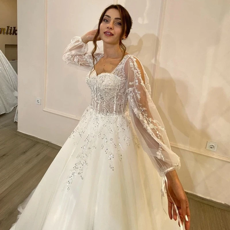 White Wedding Dresses Sweetheart Appliques Grace Bridal Gowns 2023 Puff Sleeve Tulle A-Line Princess Plus Size Robe De Lace 2022