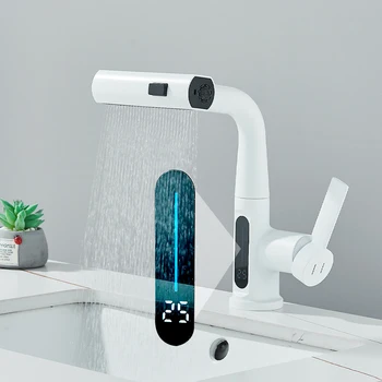 Rubinetto per lavabo da bagno bianco con display digitale della temperatura Gru sollevabile estraibile con beccuccio a cascata Miscelatore per lavabo caldo freddo 1