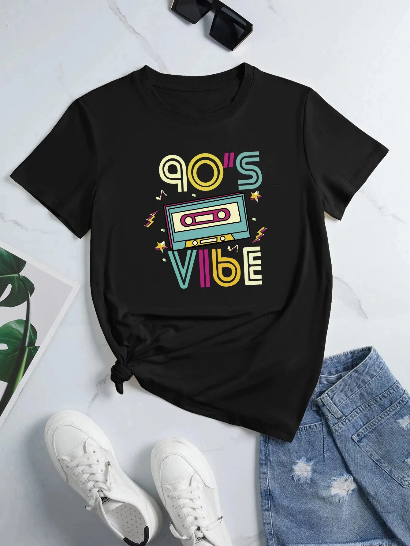 

New Vibe Print Crew Neck T-shirt Loose Short Sleeve Fashion Summer Best Sellers Casual Crew Neck Men/Women T-Shirts Top