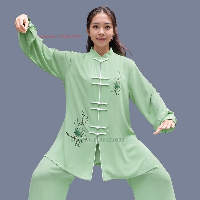 chinese kung fu tai chi martial arts wushu shaolin uniform national flower print tops + pants set wing chun training exercise
