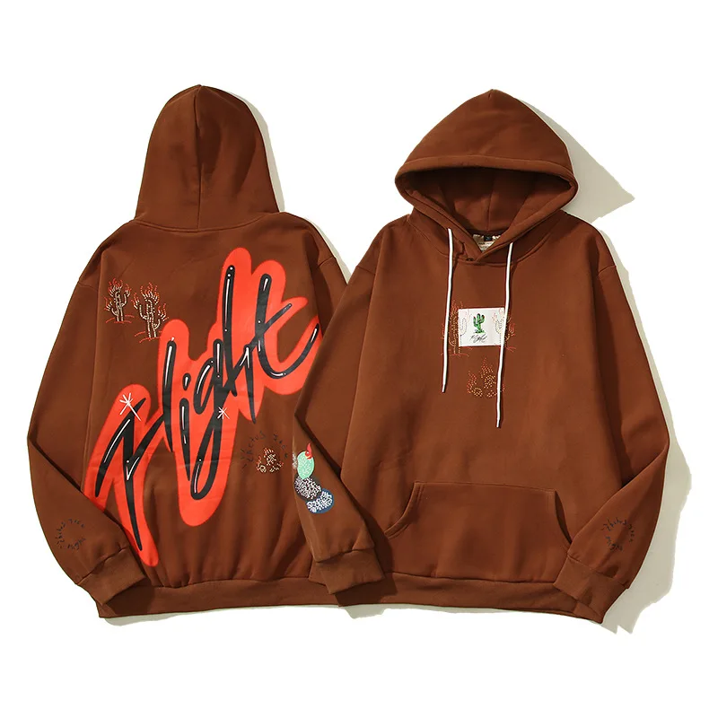 

Cactus Jack Letter Brown Fleece Hooded Sweatshirts for Men High Street Baggy Casual Hoodies Unisex Oversized Pullover Hoody