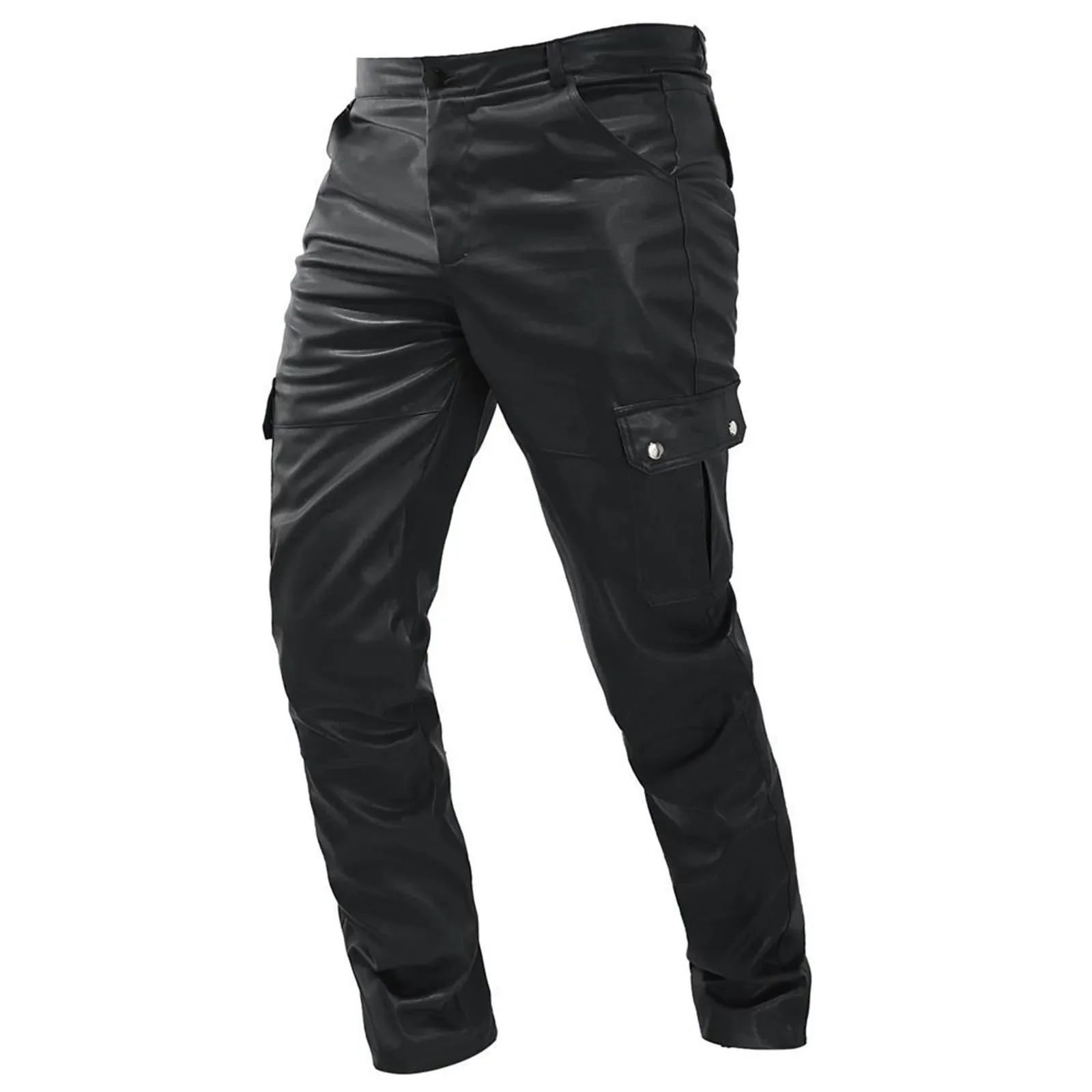 Men'S Leather Cargo Pants Stylish Solid Color Multi-Pocket Pu Leather Trousers Skinny Straight Pants Sexy Club Party Trousers