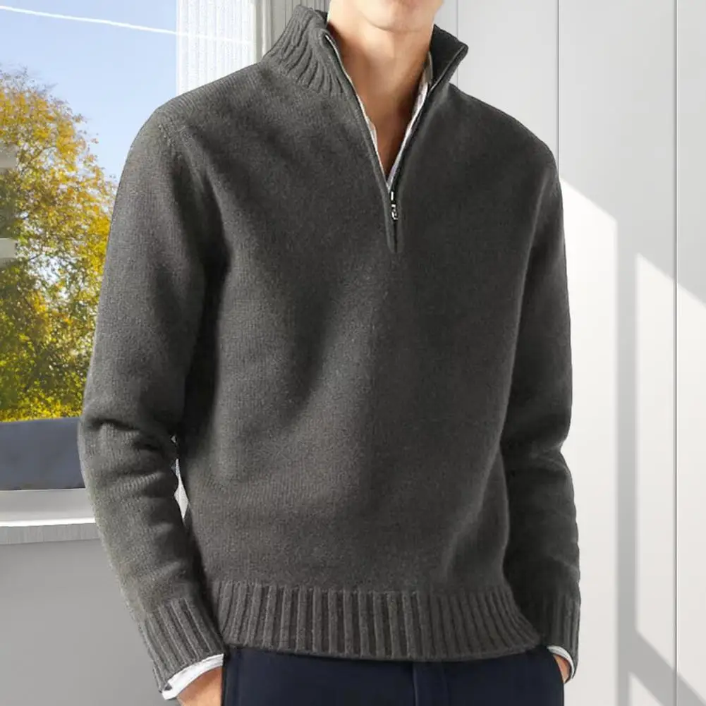 

Men Fall Winter Sweater High Collar Neck Protection Solid Color Thick Knitted Soft Cold Resistant Loose Mid Length Anti-pilling