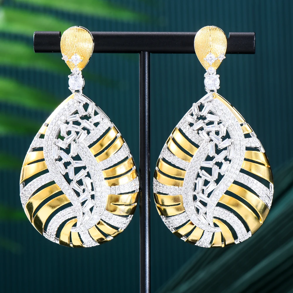 Missvikki Luxury DUBAI Hollow Dangle Earrings Shiny Cubic Zircon Drop Earring For Bridal Wedding Party Accessories High Quality