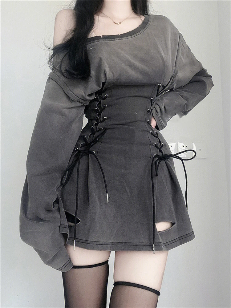 

New Fairycore Grunge Goth Corset Dress Women Aesthetic Harajuku Streetwear Bandage Slim Bodycon Dress Y2k 90s Indie Clothes