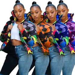 Camouflage Print Puffer Jacket Women Men Long Sleeve Short Down Jacket Zip Winter Warm Outerwear Overcoat Ski Snow Outdoor