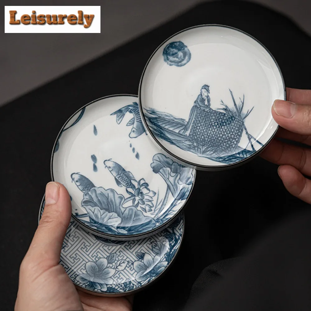 Blue and White Circular Cup Mat Ceramic Insulated Tea Tray Heat Resistant Placemats Teacup Holder Kung Fu Teaset Accessories