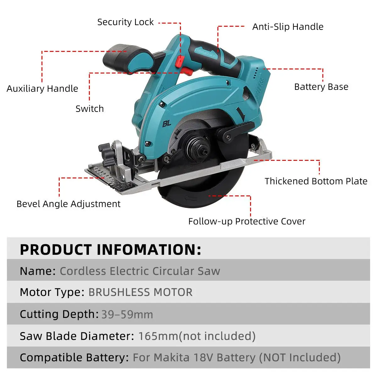 Brushless Cordless Electric Circular Saw 165mm Saw Blade Adjustable Angle Cutting Woodworking Drillpro for Makita 18V Battery electric circular saw