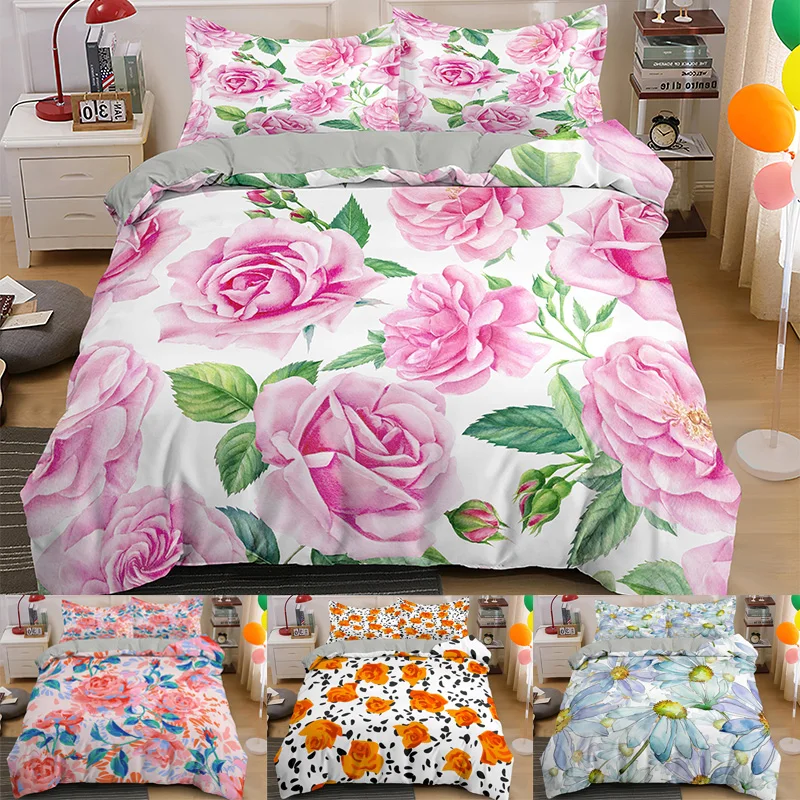 

Wedding Floral Bedding Set Women Girls Bedding 2/3pcs Bedclothes Duvet Cover with Pillowcase Soft Microfiber Queen Size Bedding