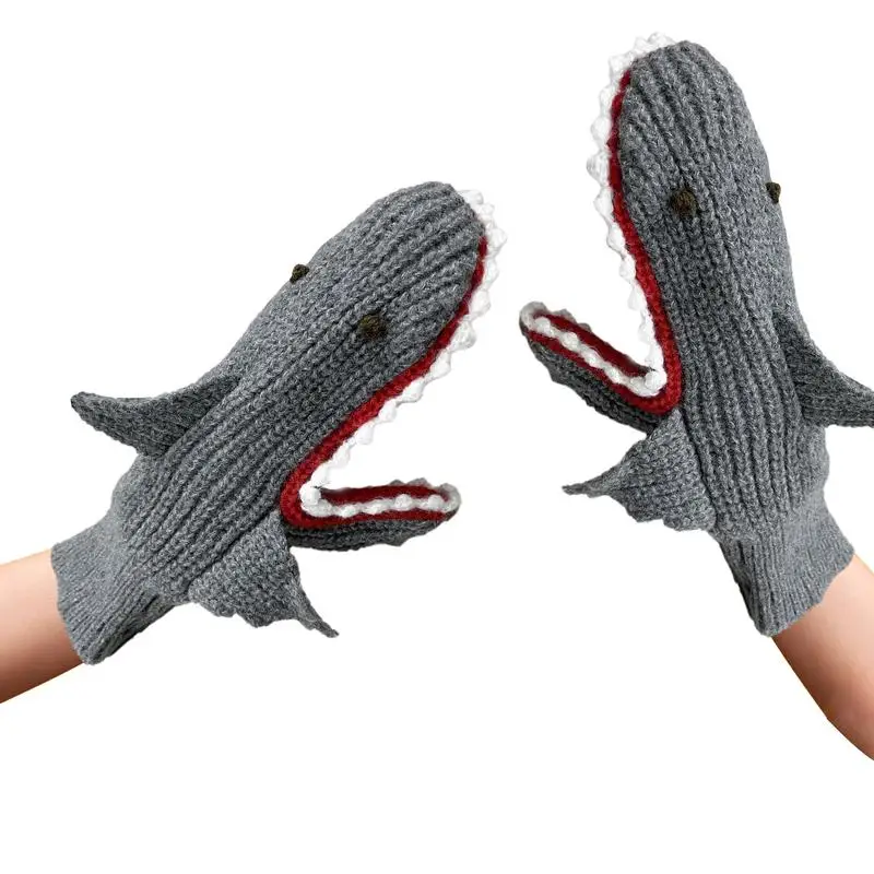 

Winter Knit Gloves Warm Knitted Gloves 3D Shark Design Full Finger Thickened Cute Women Winter Mittens For Cold Weather