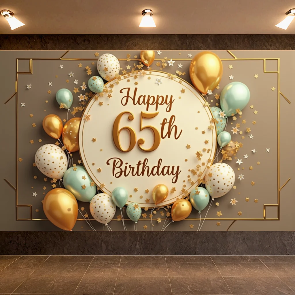 Golden Happy 65th Birthday Banner Backdrop Birthday Party Decoration Photo Background Cake Table Banner Photography Props