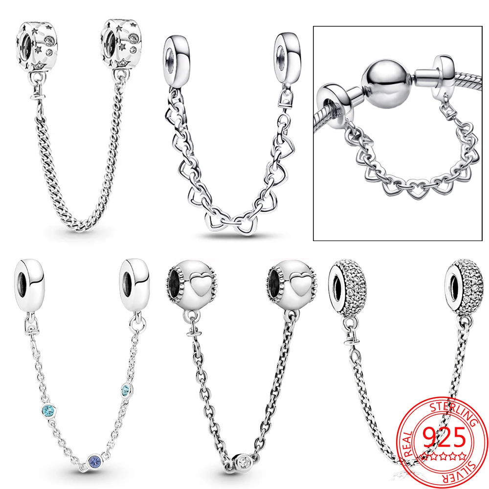 

Classic Silver Colorful Zircon Triple Blue Stone Safety Chain Family Heart Charm Fit Brand Bracelet DIY Jewelry Accessories