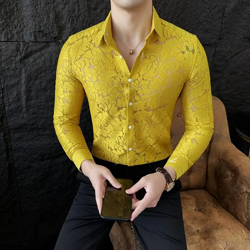 Sexy Men Through Flower Lace Sheer Shirt 2024 Spring Long Sleeve Slim Fit Party Prom Club Social Shirts Semi Transparent Camisas