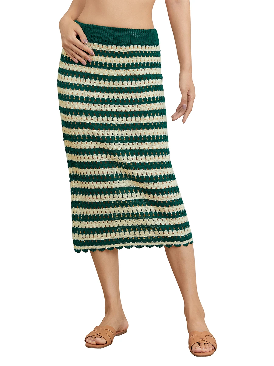 

Женский трикотажный комплект из двух предметов, короткая длинная юбка с коротким рукавом, ажурная юбка с пуговицами и полосками, уличная одежда