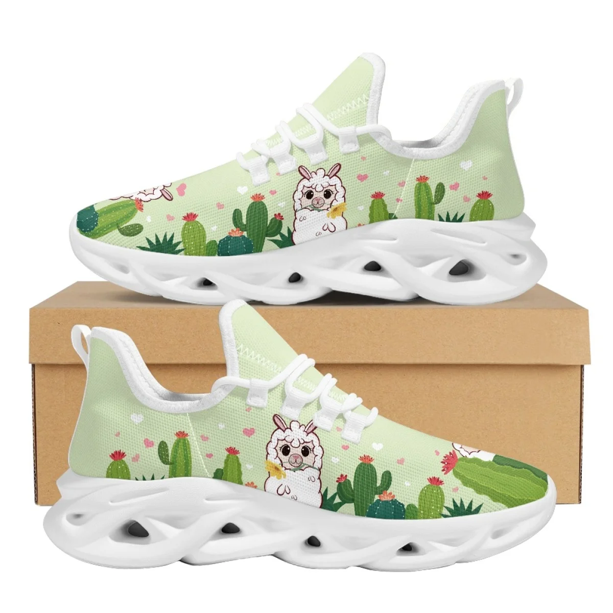 Lovely Cactus Alpaca Cartoon Print Women Summer Running Shoes Dirt Resistant Lace up Round Toe Durable Sneakers Custom Image size 35 43 running shoes woman summer lace up trainers round toe shoes white sneakers female student shoes c8298