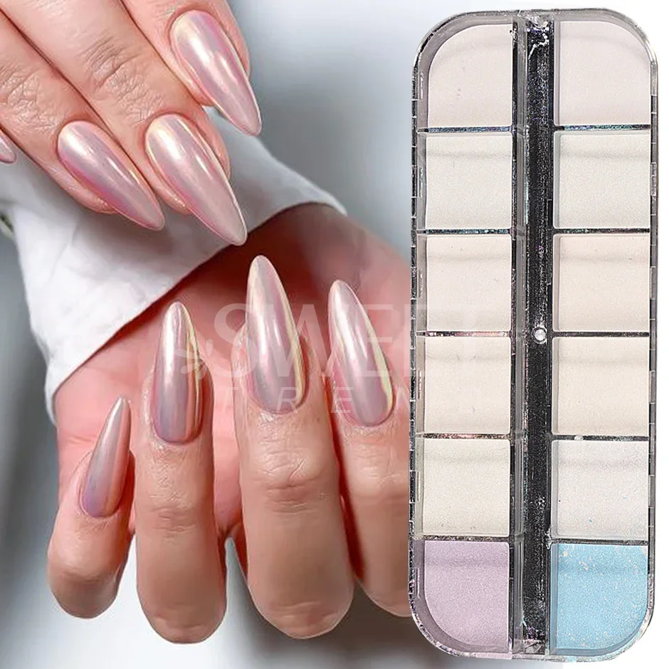 12 Grids Pearl Mermaid Colorful Nail Powder Fairy White Gloss Nails Art Pigment UV Gel Polish Mirror Chrome Dust Aurora Manicure