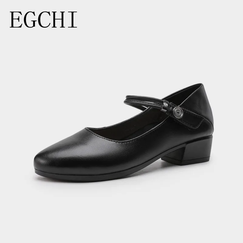 

Egchi Work Shoes Mother Shoes Soft Sole Comfortable Mid-heel Single Shoes Women Thick Heel Middle-aged Women Non-slip Leather Sh